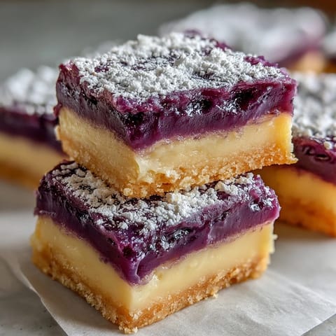 Légers et vibrants Ube Lemon Bars, un goûter acidulé saupoudré de sucre.