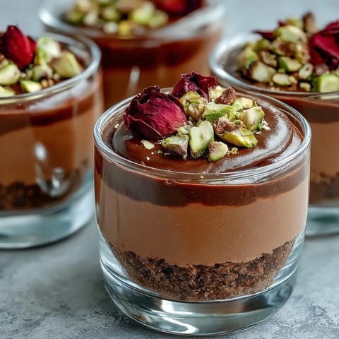 Dubai Chocolate Cheesecake Cups aux riches pistaches et pétales de rose.