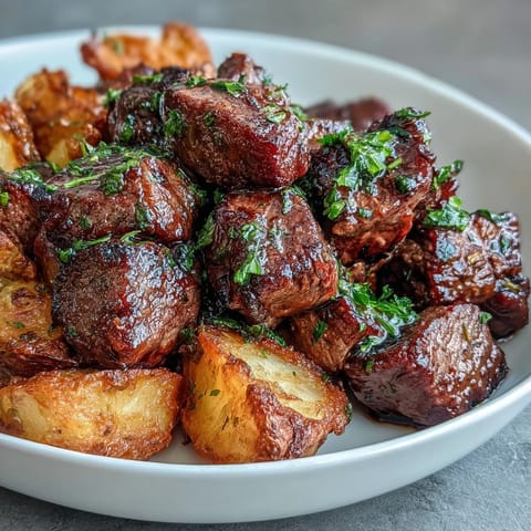 Délicieux bouchées de steak à l'ail et au beurre, tendres et dorées avec des pommes de terre craquantes.