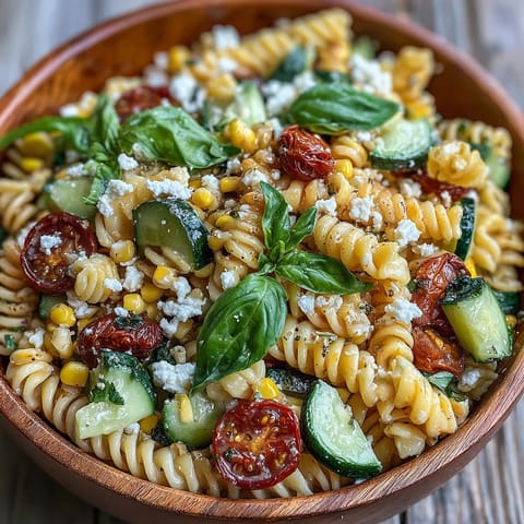 Salade d'été aux tomates et maïs, garnie de basilic frais, prête à servir.