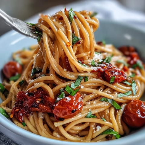 Pâtes crémeuses au beurre et au chili crisp, garnies de tomates et de basilic frais.