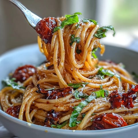 Un bol fumant de pâtes au beurre et chili crisp, avec des tomates cerises éclatantes et du basilic.
