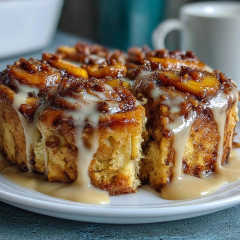 Gros plan sur un Peach Cobbler Cinnamon Roll Bake réconfortant, avec glaçage coulant et fruits fondants.