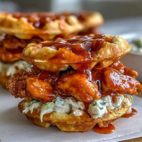 Délicieux poulet Buffalo croustillant sur mini gaufres, garni de salade crémeuse.