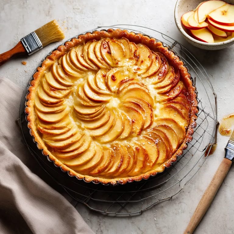 Une tarte aux pommes est sur un plateau avec une fourchette et une cuillère.