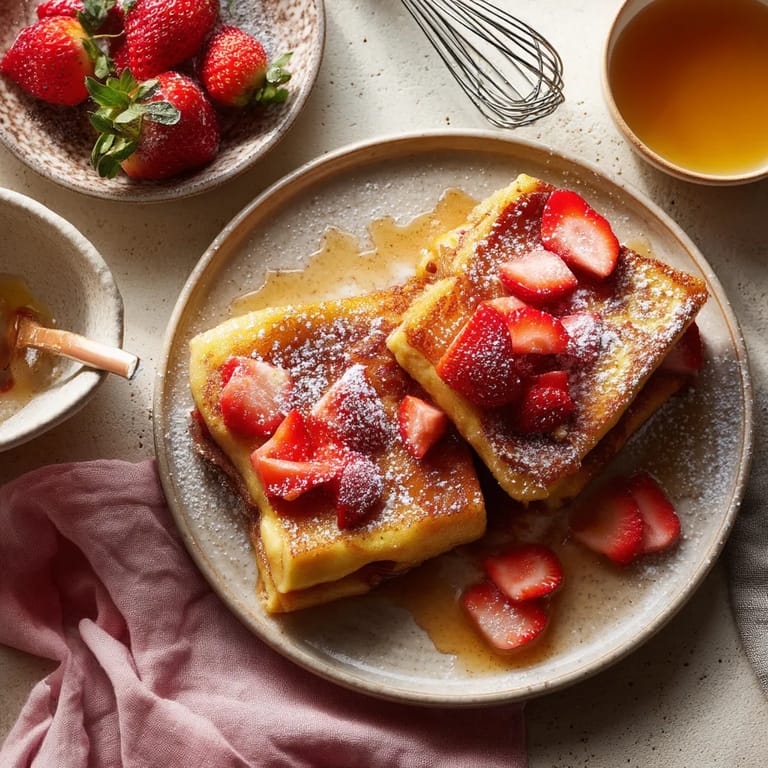 Une table avec des crêpes sucrées et des fraises.