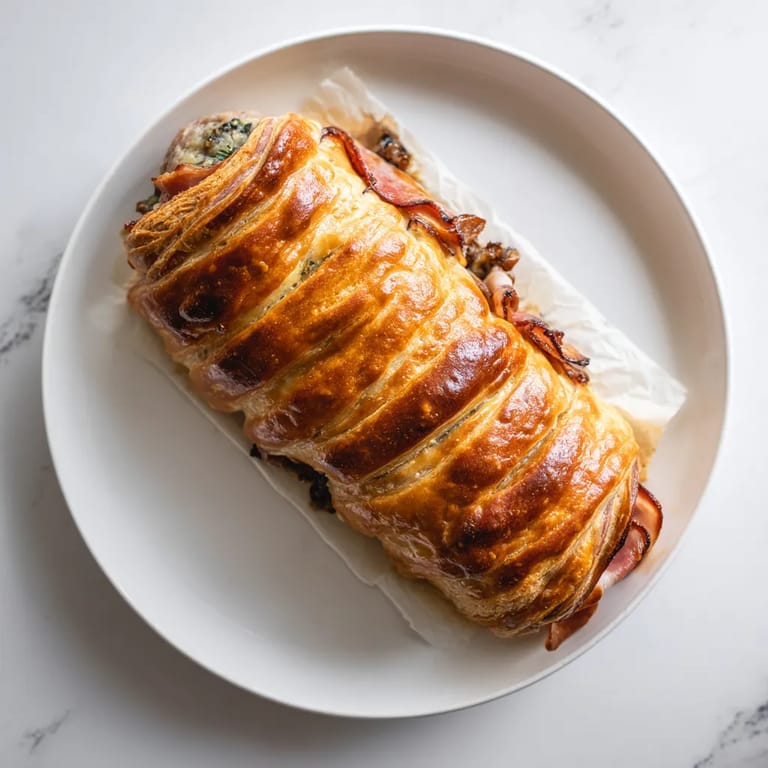 Une baguette de pain est enroulée autour de bacon et de fromage.