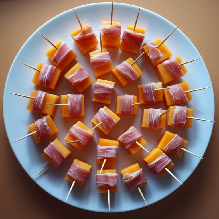 Une plaque de porcelaine avec des tranches de jambon et des tranches de fruits.