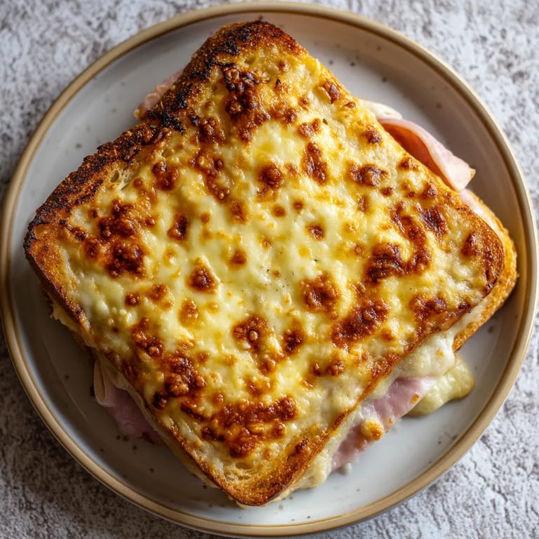 Une tranche de sandwich grillé avec du fromage et des tranches de viande.