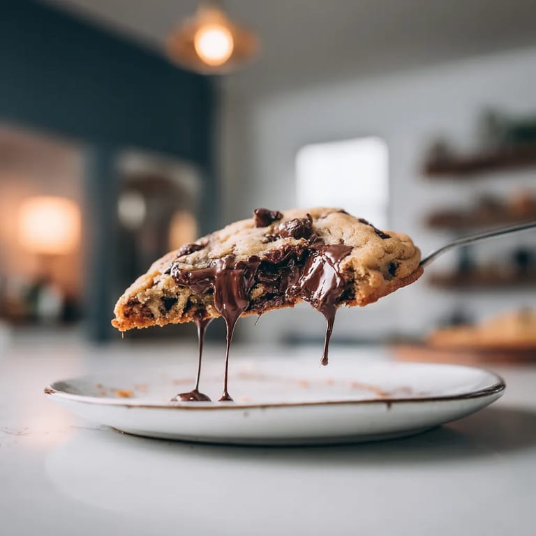 A chocolate chip cookie with chocolate drizzled on top.