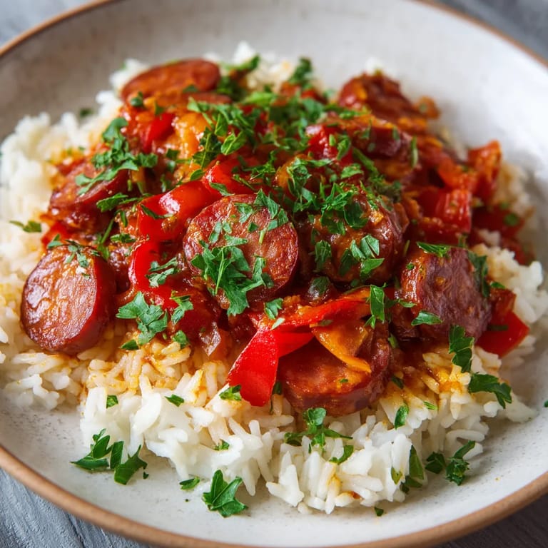 Une assiette de riz avec des chorizos et des tomates.