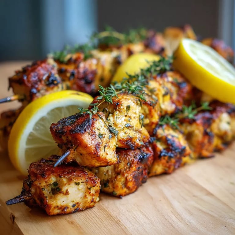 Des brochettes de viande grillée avec des citrons et des herbes.