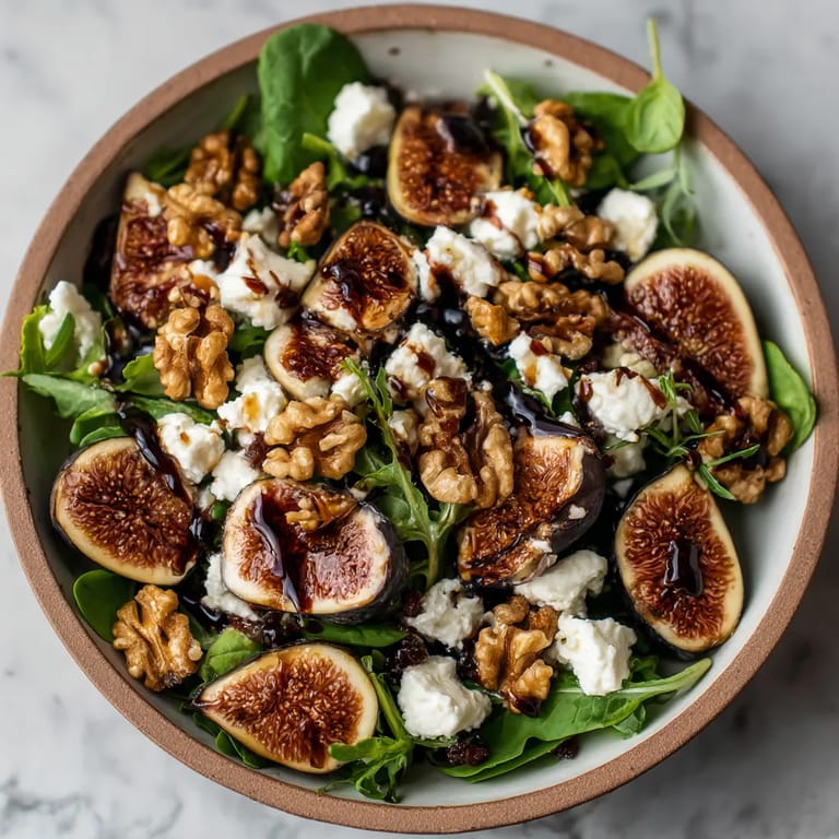 Une salade de figues, de noix et de fromage, avec une sauce au chocolat.