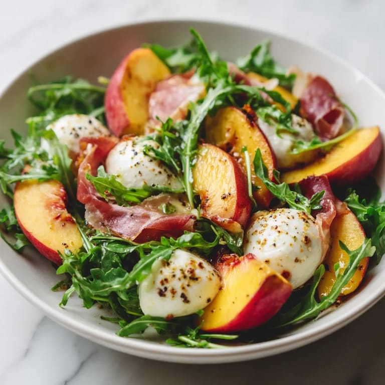 Une salade de fruits et de légumes, avec des tomates, des poivrons, des avocats, des pêches et des épinards.