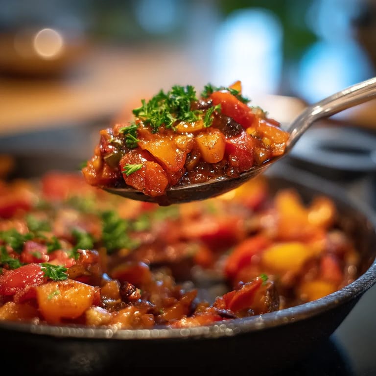 Une cuillère est utilisée pour prendre une portion de sauce dans un bol.