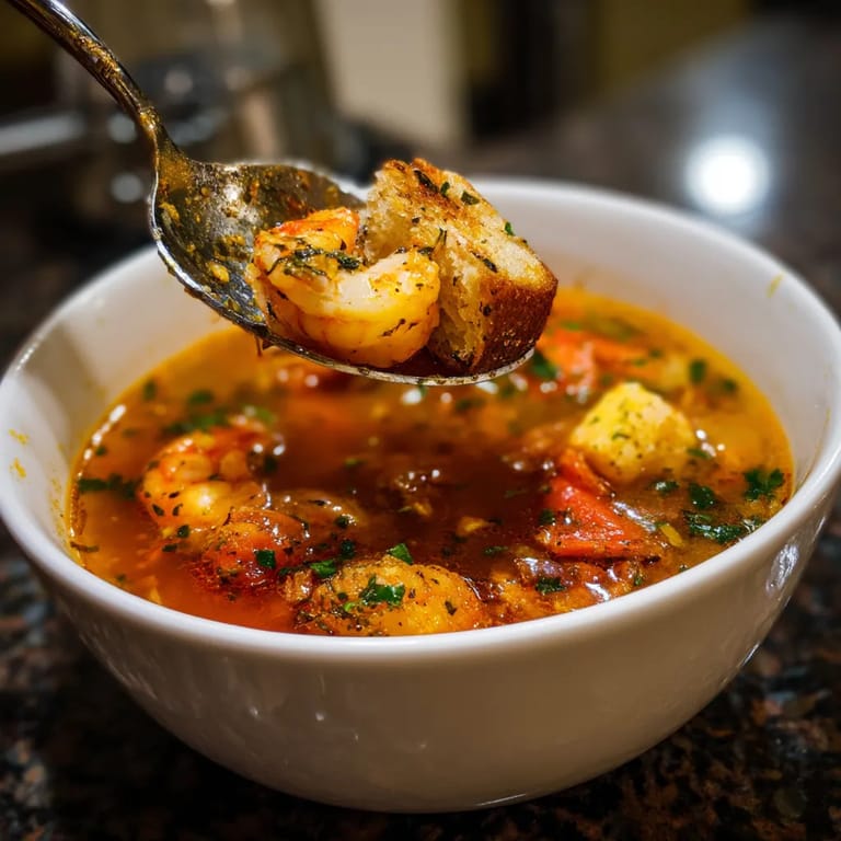 Une cuillère de shrimp dans un bol de bouillon.