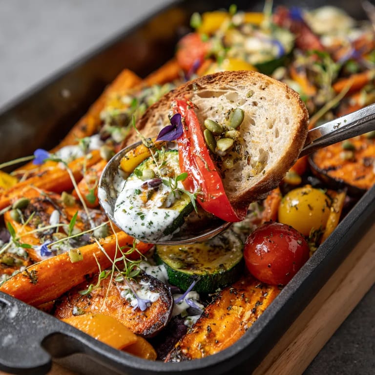 Une assiette de légumes grillés avec une sauce herbacée.
