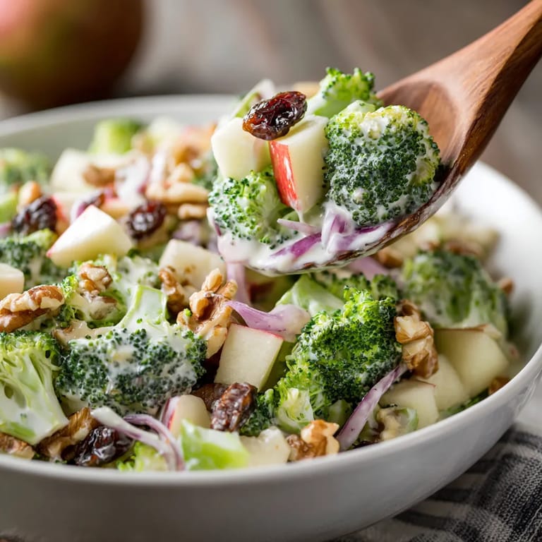 Une salade de brocoli et d'autres légumes, avec des fruits tels que des pommes et des raisins.