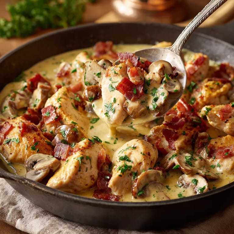 Une poêle contenant des chicken et des champignons.