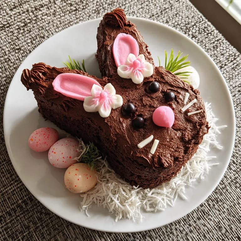Une cake en forme de lapin avec des chocolats et des œufs.
