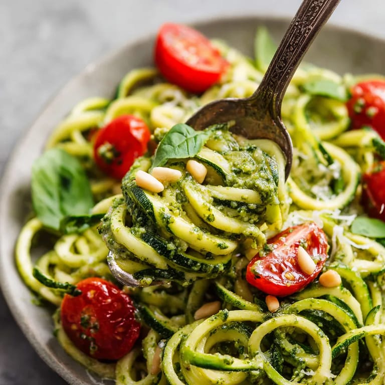 Une assiette de spaghetti avec des tomates, des pois et des herbes.