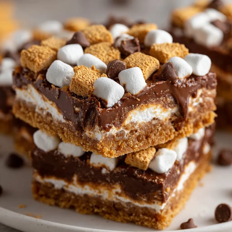 Une pile de barres de desserts, avec des marshmallows et des noix de cacao, sur une plaque de verre.