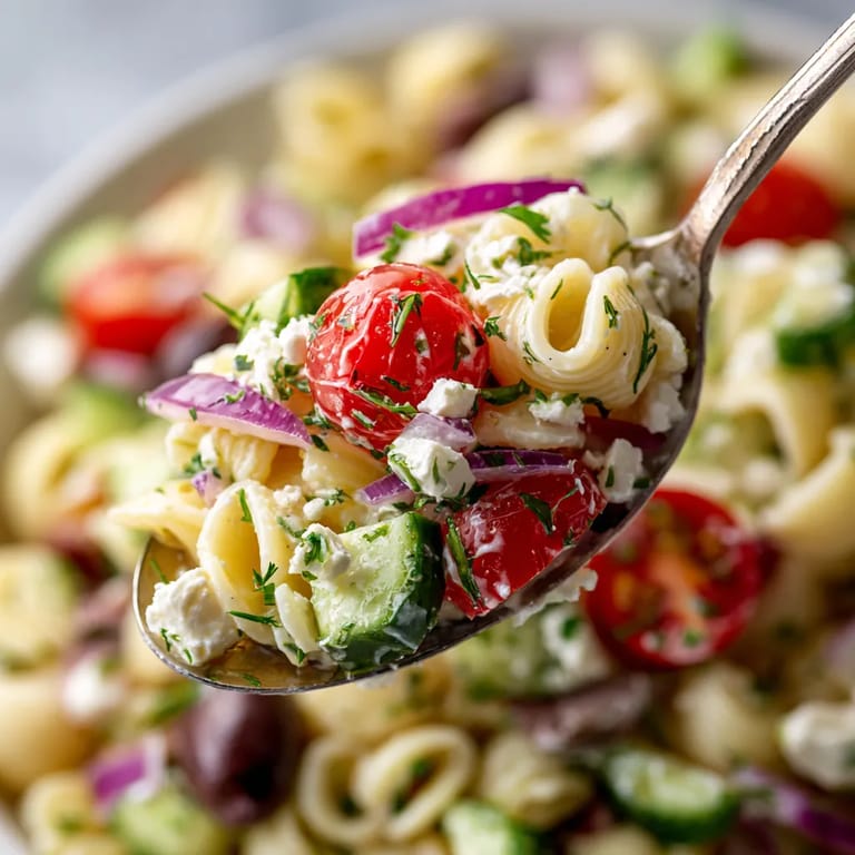Une fourchette dans une salade de pasta, tomates, cucumbers et olives.