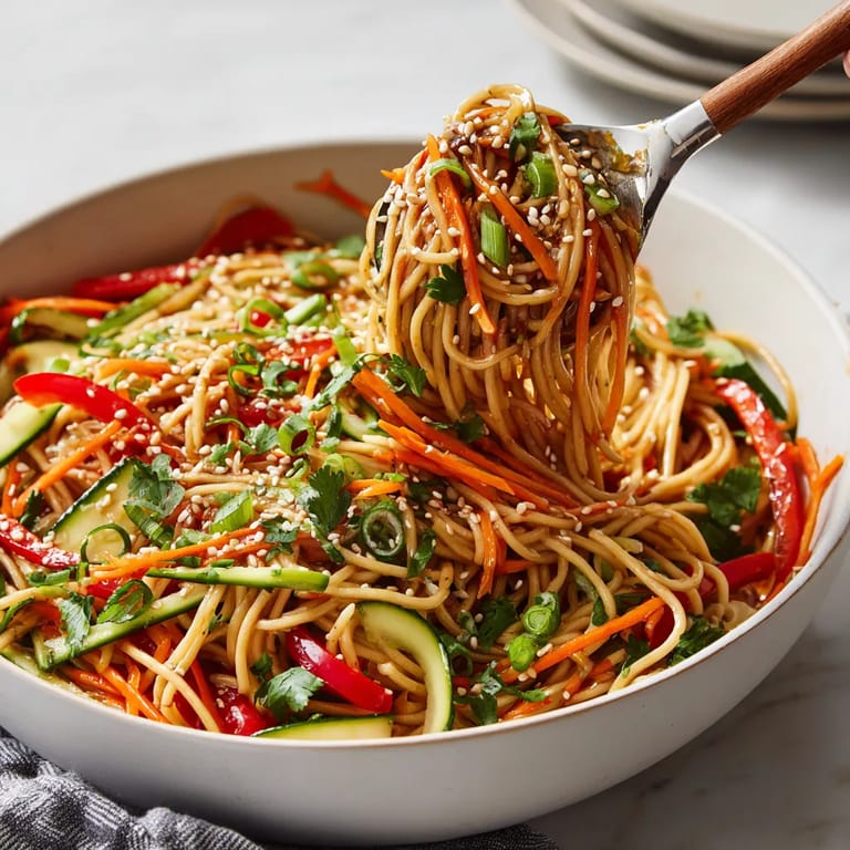 Une assiette de noodles avec des légumes et des épices.