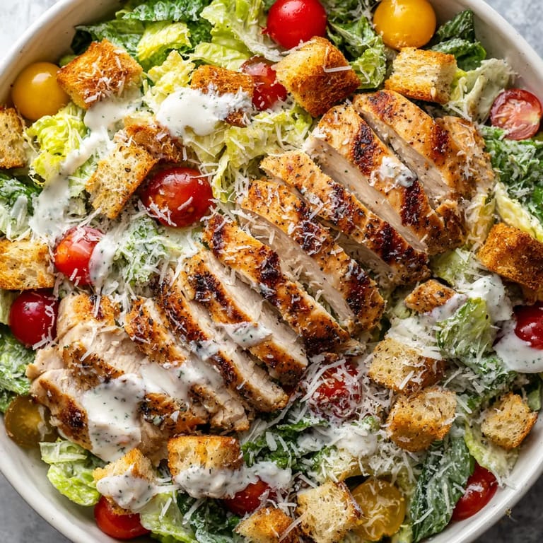 Une salade composée de poulet, de tomates, de cucumbers, de pommes de terre et de croutons.