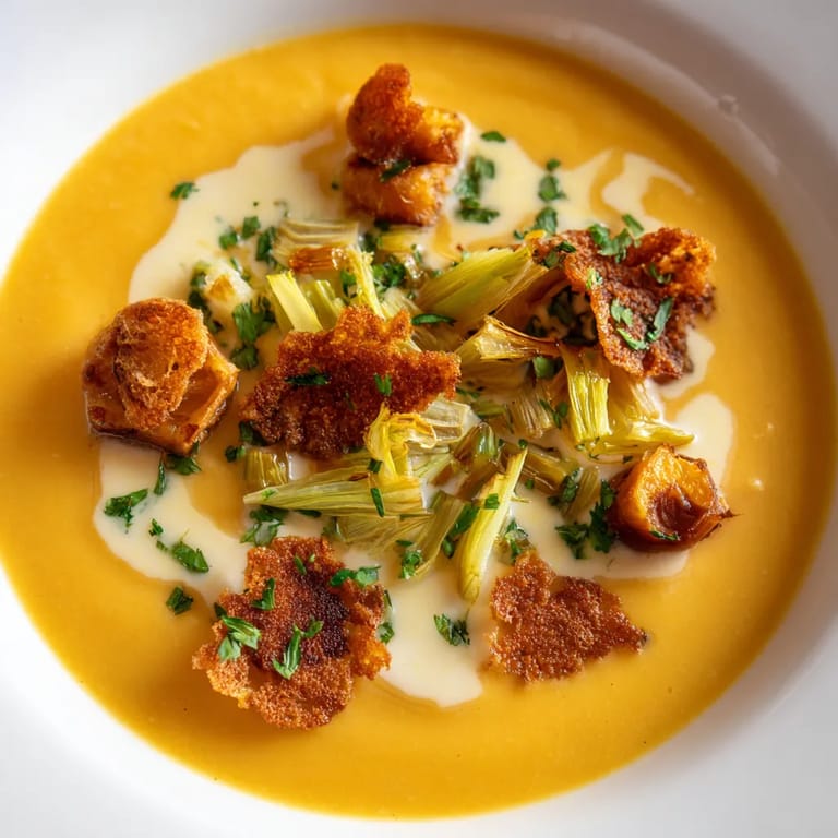 Une assiette de soupe avec des légumes et des croutons.