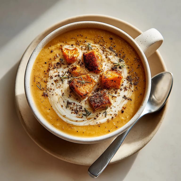 Une tasse de soupe avec des morceaux de carottes et des herbes.