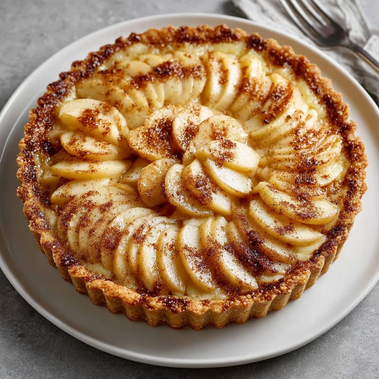 Une tarte aux pommes est servie sur un plateau.