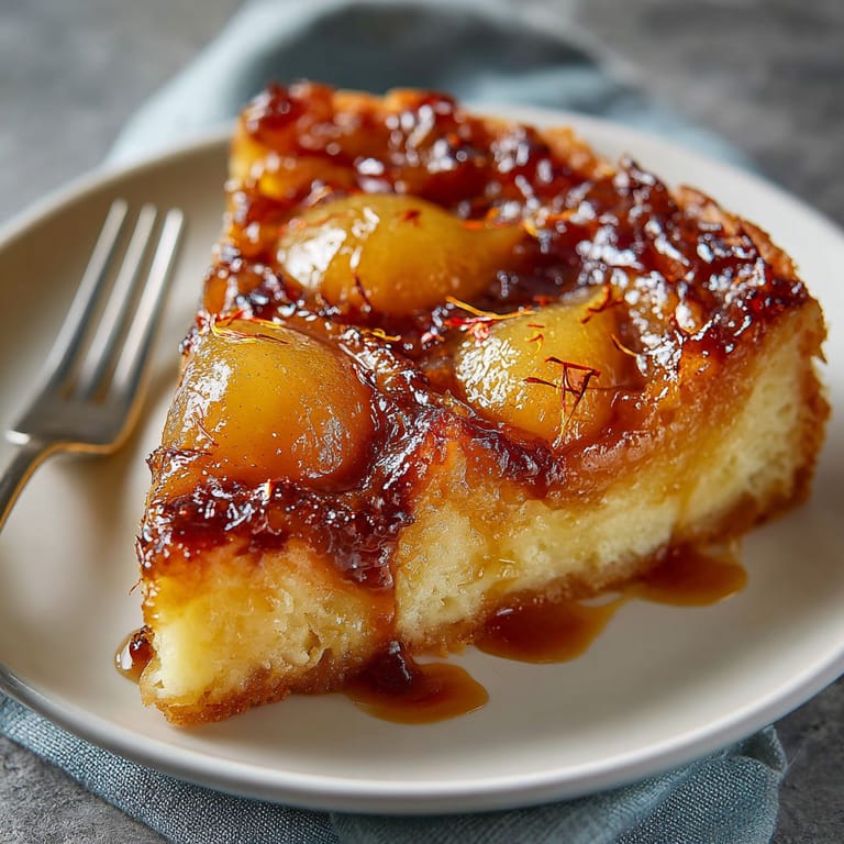 A slice of cake with apples and caramel.