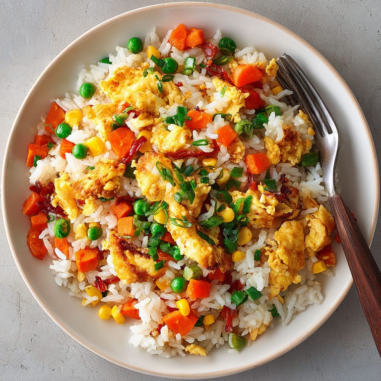A plate of rice with vegetables and meat.