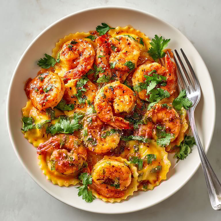 A plate of shrimp and cream filled pasta.