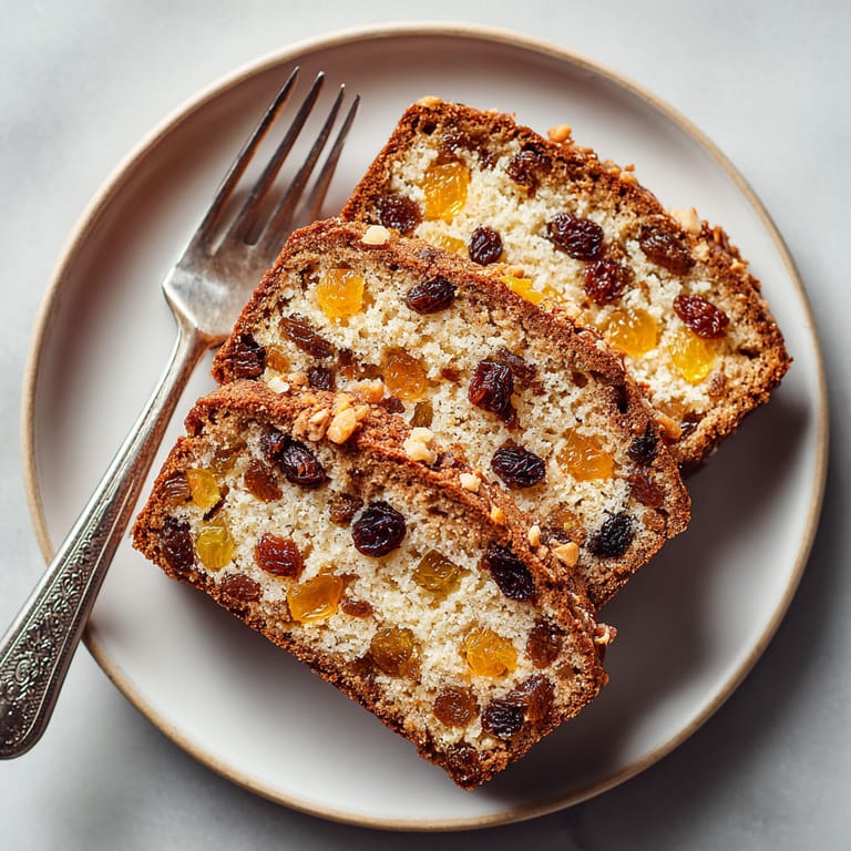 A slice of cake with raisins and nuts.