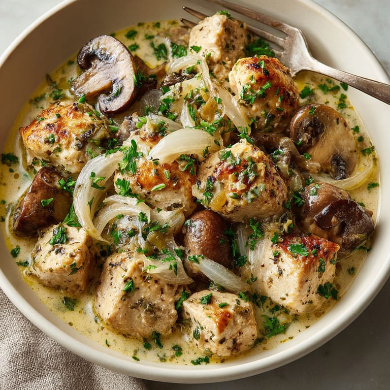 A bowl of food with mushrooms, onions, and meat.