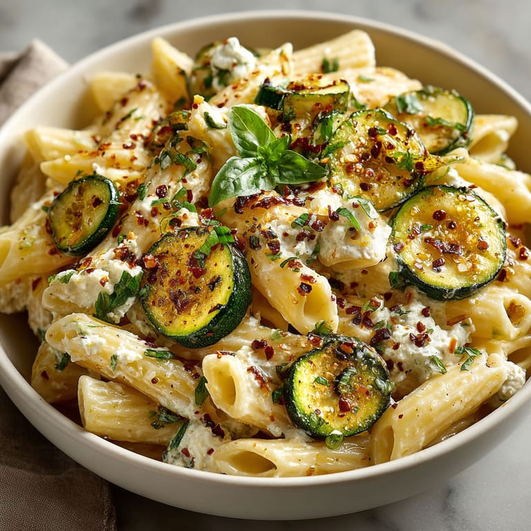 A bowl of pasta with zucchini and ricotta.