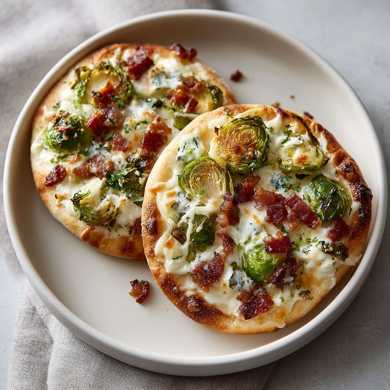 Two mini pizzas with bacon and Brussels sprouts.