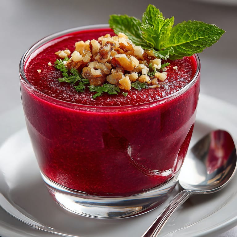 A glass of red liquid with a nut on top.