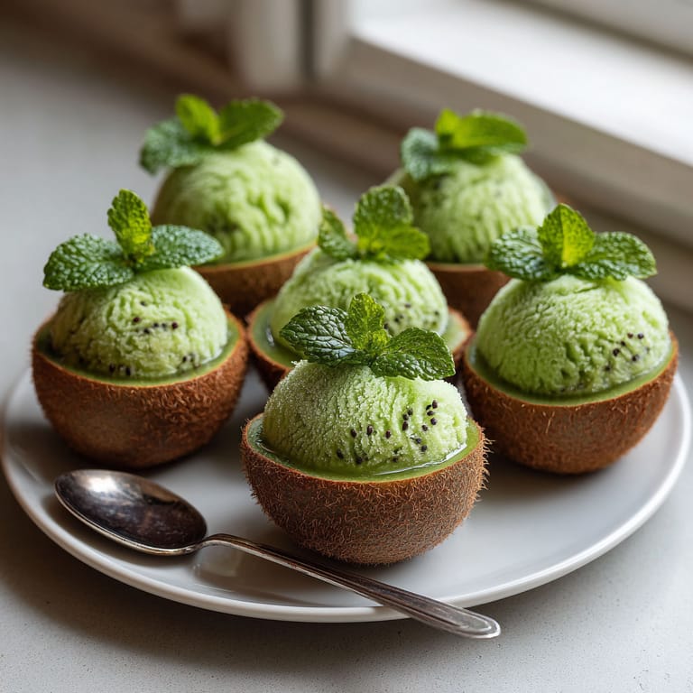 A plate of kiwi glacés with green leaves on top.