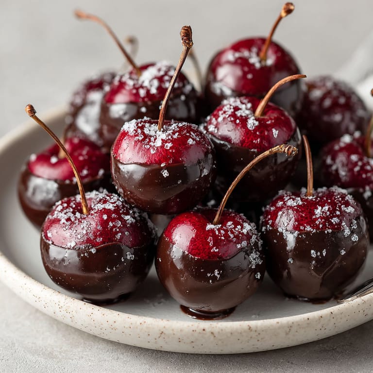 A plate of chocolate covered cherries.