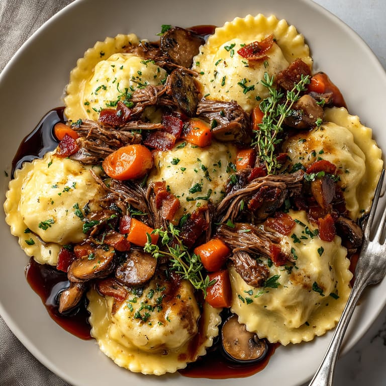 A plate of homemade ravioli with beef and mushrooms.