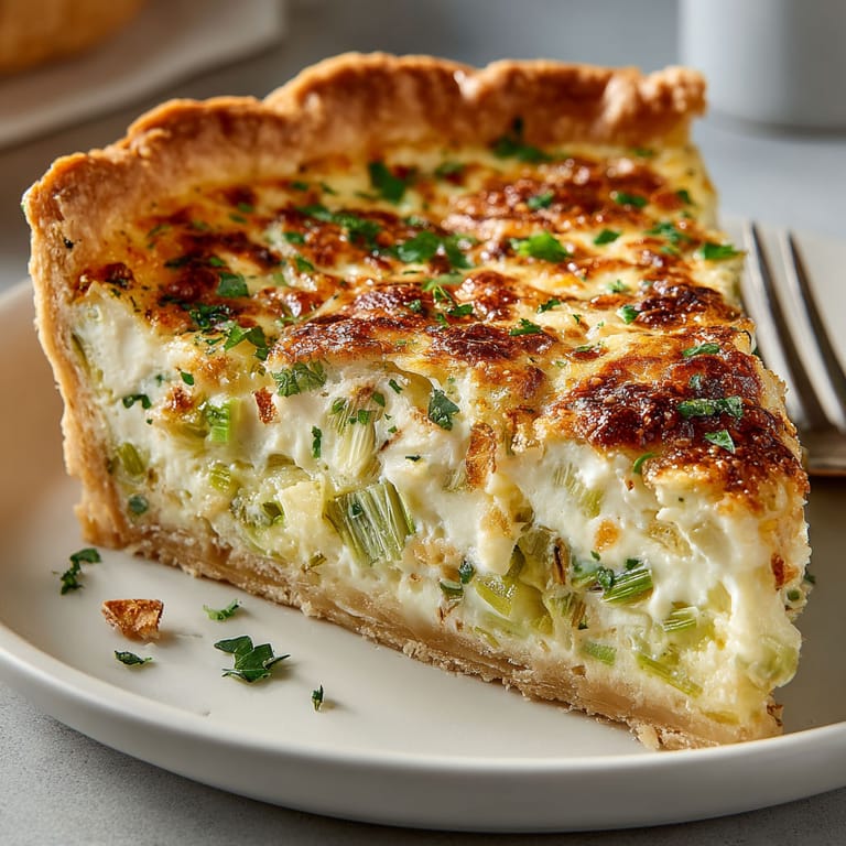 A slice of cheese and vegetable pie.
