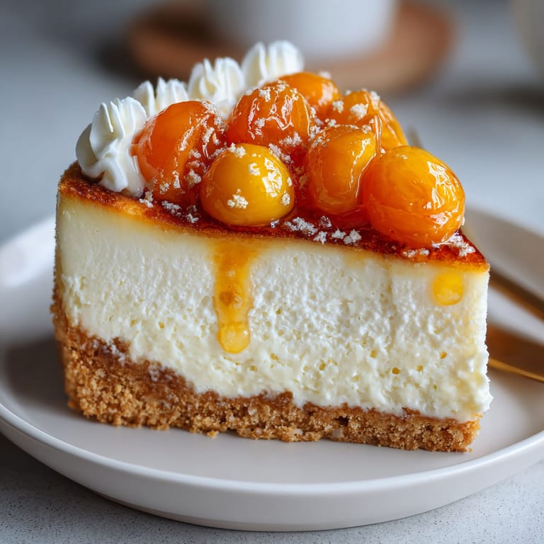 A slice of cheesecake with a sauce on top.