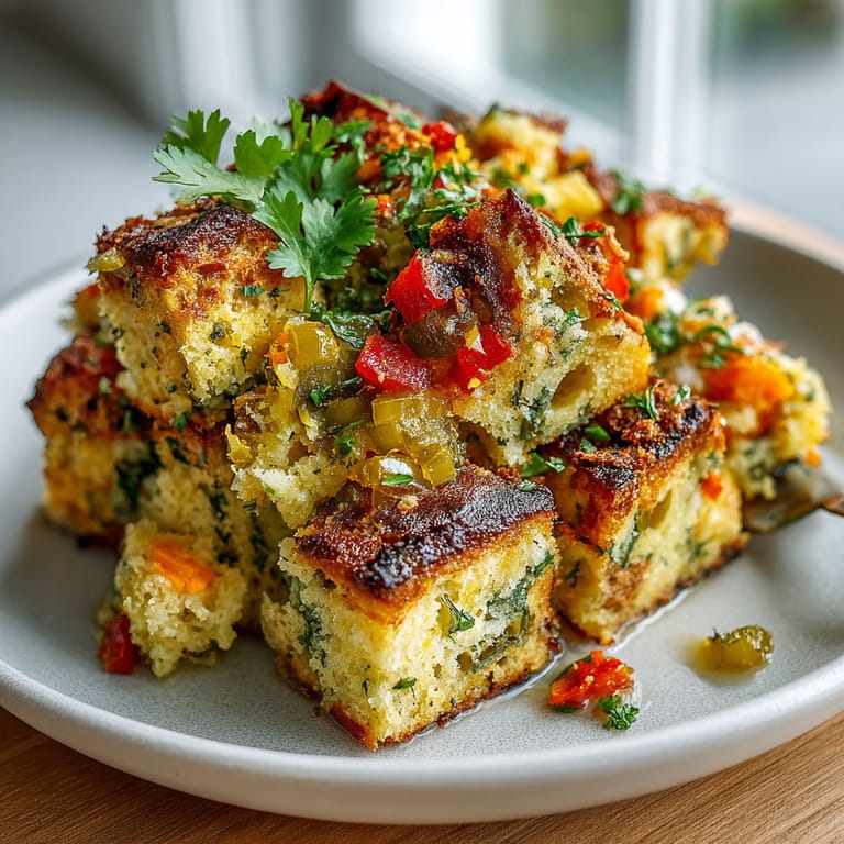 A plate of food with a cornbread base and pickle de gallo stuffing.