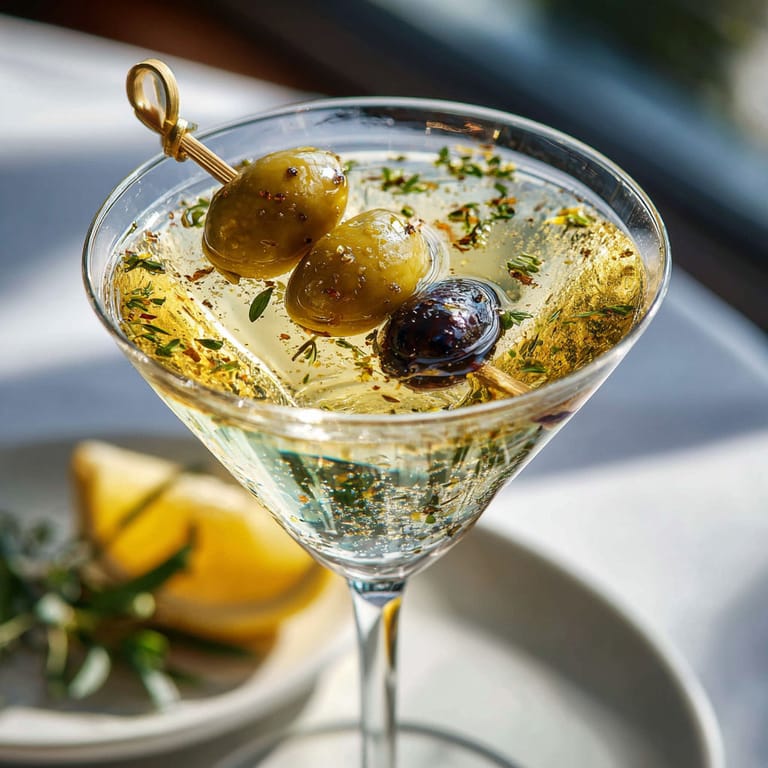 A martini glass with olives and herbs de provence.