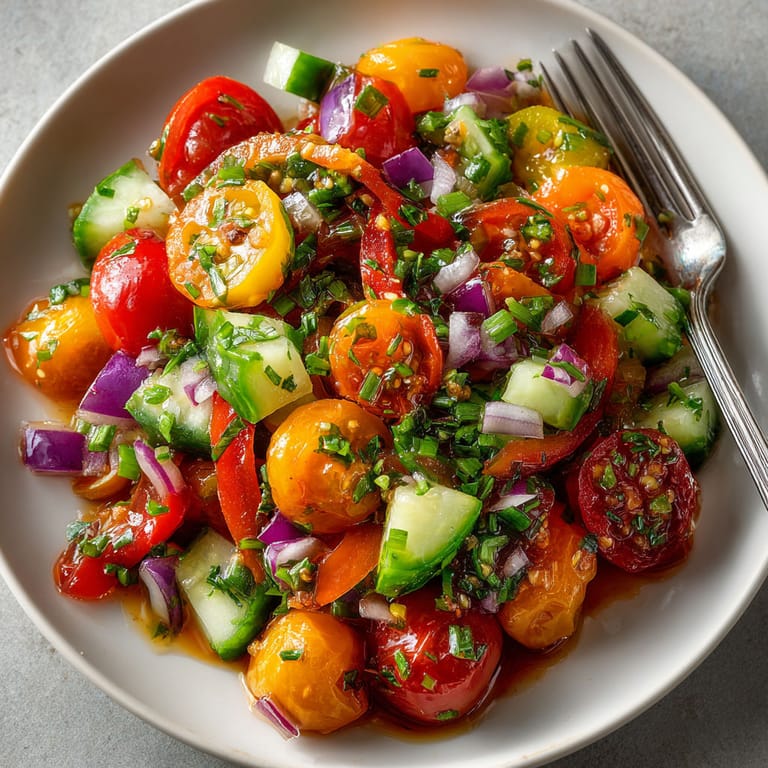 A plate of vegetables including tomatoes, cucumbers, and onions.