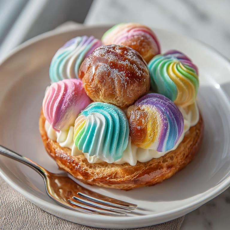 A plate of colorful pastries with a fork on it.