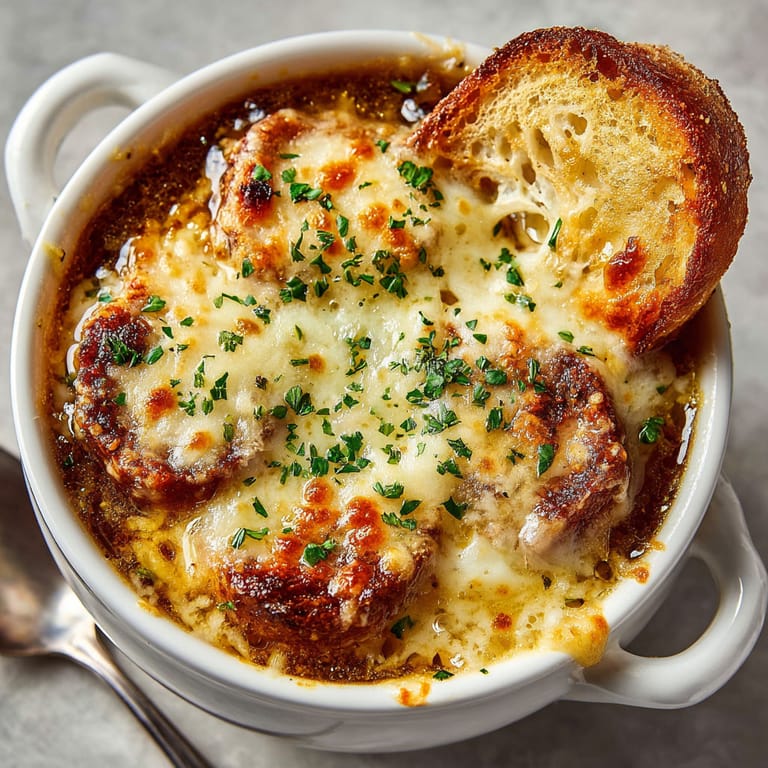A bowl of soup with a piece of bread on top.